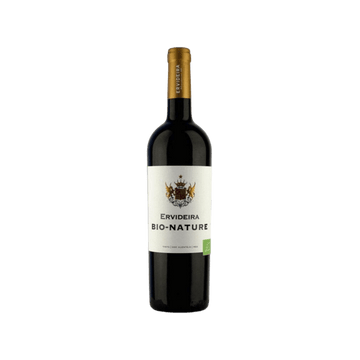 Ervideira Bio-Nature red wine bottle with gold cap and white label on transparent background