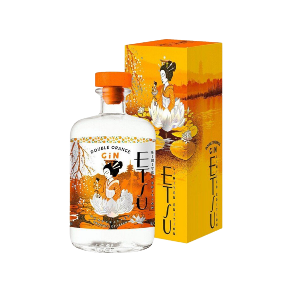 Etsu Double Orange Gin bottle and box with Japanese design and orange floral artwork
