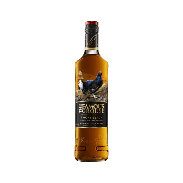 The Famous Grouse Smoky Black blended Scotch whisky bottle with dark label and bird illustration