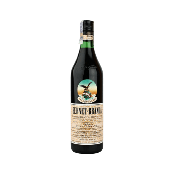 Fernet Branca herbal liqueur bottle with beige label on white background