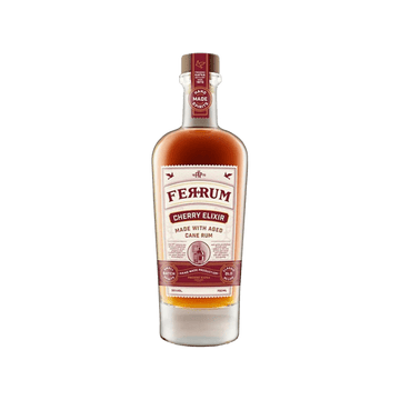 Ferrum Cherry Elixir bottle with aged cane rum, premium spirits product on white background