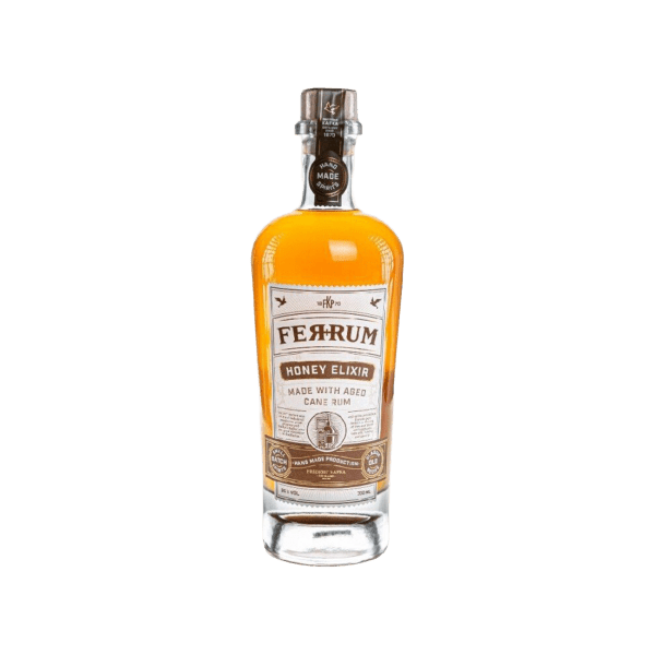 Ferrum Honey Elixir aged cane rum in clear glass bottle with brown label on white background