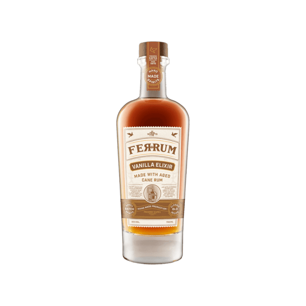 Ferrum Vanilla Elixir aged cane rum bottle with brown label on white background