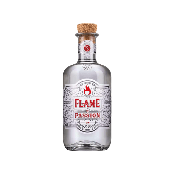 The Flame of Passion premium gin bottle with cork stopper and intricate label design in red and black