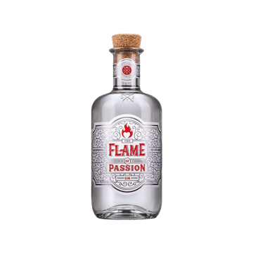 The Flame of Passion premium gin bottle with cork stopper and intricate label design in red and black