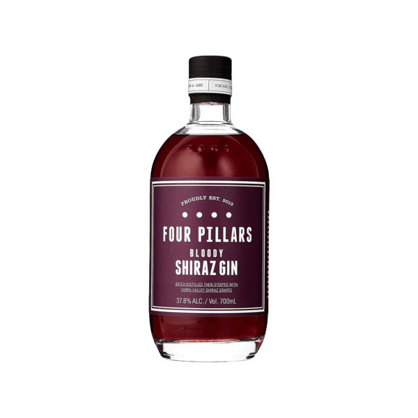 Four Pillars Bloody Shiraz Gin bottle, 700ml, premium gin with deep red color on white background
