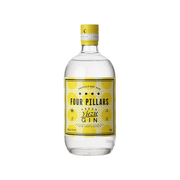Four Pillars Fresh Yuzu gin bottle with yellow label on white background