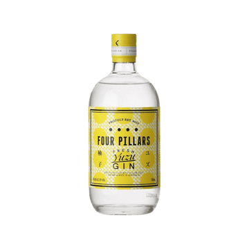 Four Pillars Fresh Yuzu gin bottle with yellow label on white background