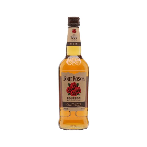 Four Roses Bourbon whiskey bottle with red rose label on white background