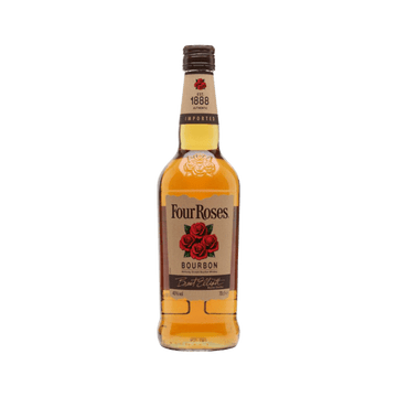 Four Roses Bourbon whiskey bottle with red rose label on white background
