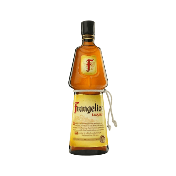 Frangelico hazelnut liqueur bottle with label and rope detail on white background