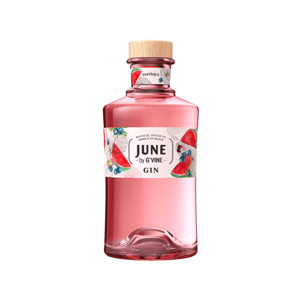 Pink June by G'Vine gin bottle with watermelon and berry illustrations, cork cap