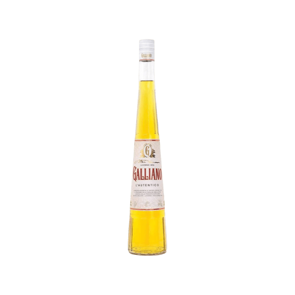 Tall bottle of Galliano L'Autentico Italian liqueur with golden yellow liquid