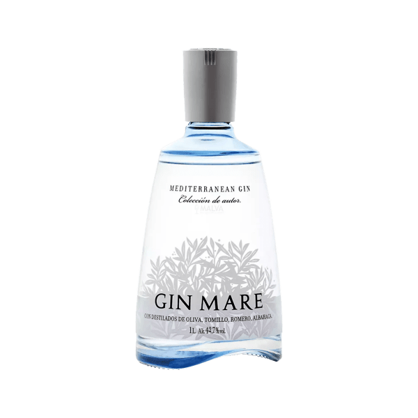 Gin Mare Mediterranean gin bottle with botanical illustrations, 42.7% alcohol, 1L