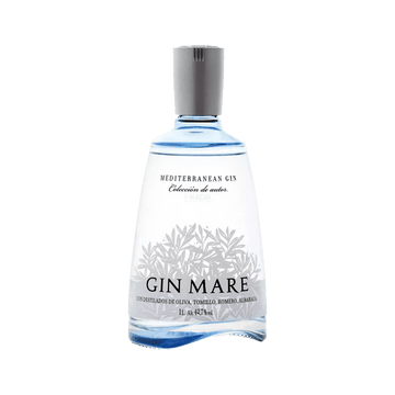 Gin Mare Mediterranean gin bottle with botanical illustrations, 42.7% alcohol, 1L