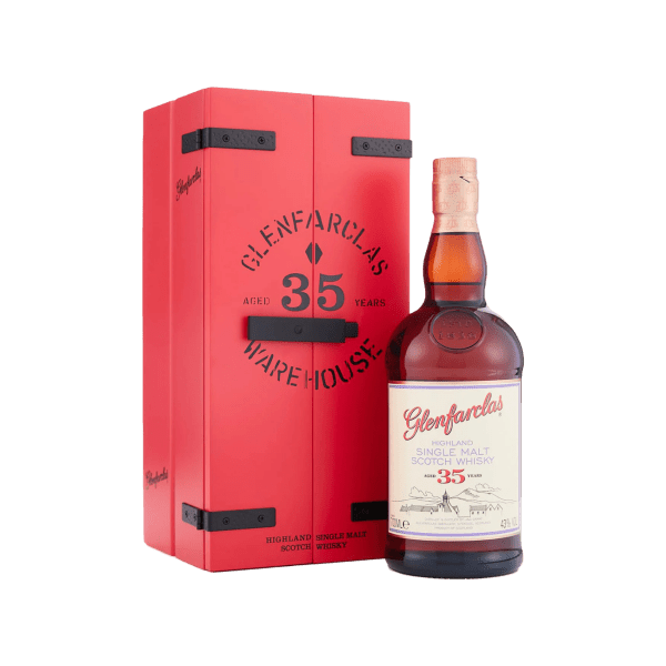Glenfarclas 35-year-old single malt Scotch whisky bottle with red storage-style box