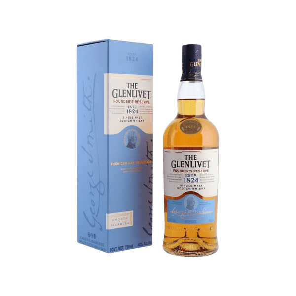 The Glenlivet Founder's Reserve single malt Scotch whisky bottle with blue American Oak Selection box