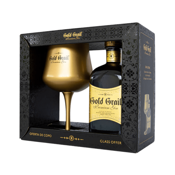 Gold Grail Premium Gin gift set with black bottle and gold label, includes matching gold goblet in decorative black box