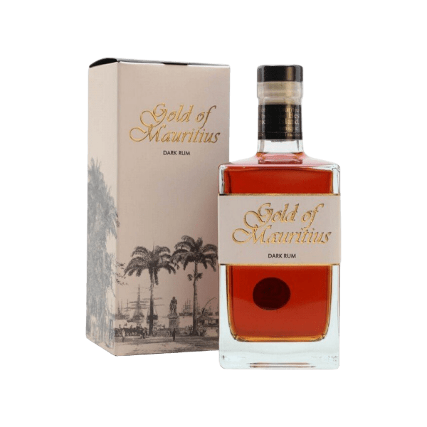 Gold of Mauritius dark rum bottle with packaging, premium rum, palm tree design on box