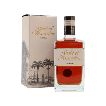 Gold of Mauritius dark rum bottle with packaging, premium rum, palm tree design on box