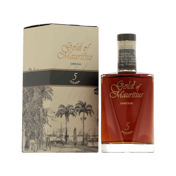 Gold of Mauritius 5 Solera dark rum bottle and gift box with palm tree design