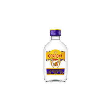Small bottle of Gordon's London Dry Gin with yellow and purple label and cap