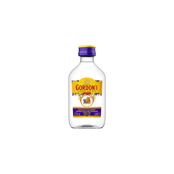 Gordon's London Dry Gin mini bottle with yellow label and purple cap on white background