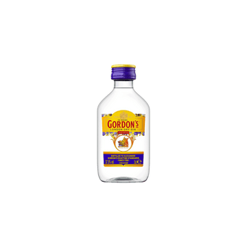 Gordon's London Dry Gin mini bottle with yellow label and purple cap on white background