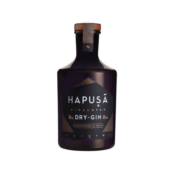 Hapusā Himalayan Dry Gin 700ml bottle with black matte finish and gold accents, handcrafted in India