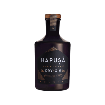 Hapusā Himalayan Dry Gin 700ml bottle with black matte finish and gold accents, handcrafted in India