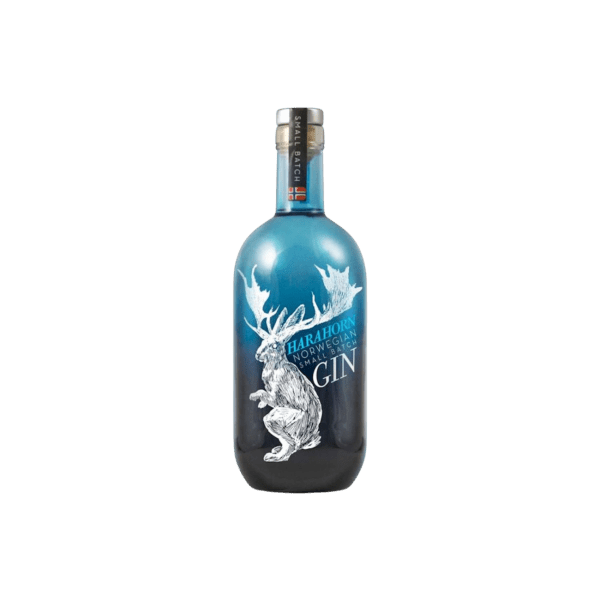 Blue and black bottle of Harahorn Norwegian small batch gin with a white hare and antlers design