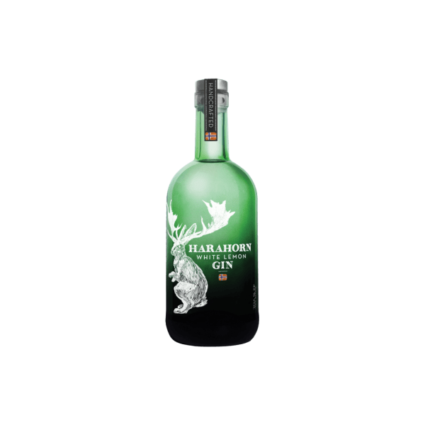 Green bottle of Harahorn White Lemon Gin with white stag design and handcrafted label