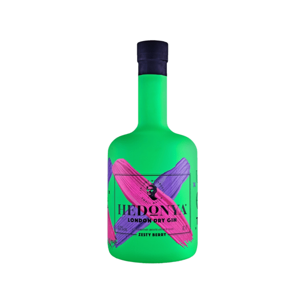 Green bottle of Hedonya London Dry Gin Zesty Berry with purple and pink brushstroke design