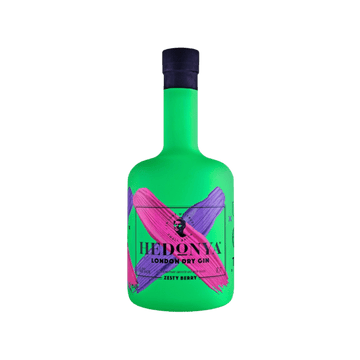 Green bottle of Hedonya London Dry Gin Zesty Berry with purple and pink brushstroke design