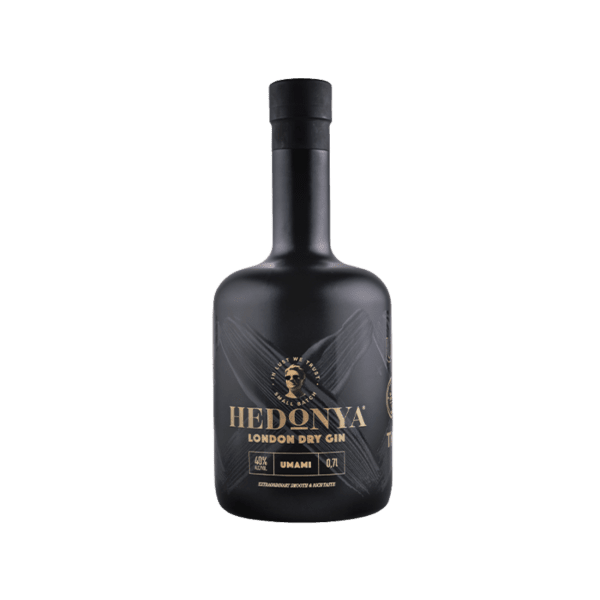 Black Hedonya London Dry Gin bottle with gold text and 40% alcohol, 0.7L label