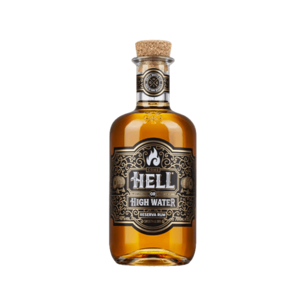 Hell or High Water Reserva Rum bottle with cork and ornate black label on white background