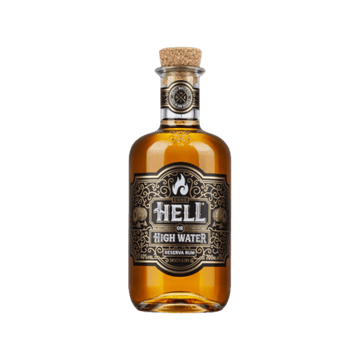 Hell or High Water Reserva Rum bottle with cork and ornate black label on white background