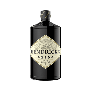 Hendrick's Gin 1L black bottle with cream label and 44% alcohol, handcrafted in Scotland