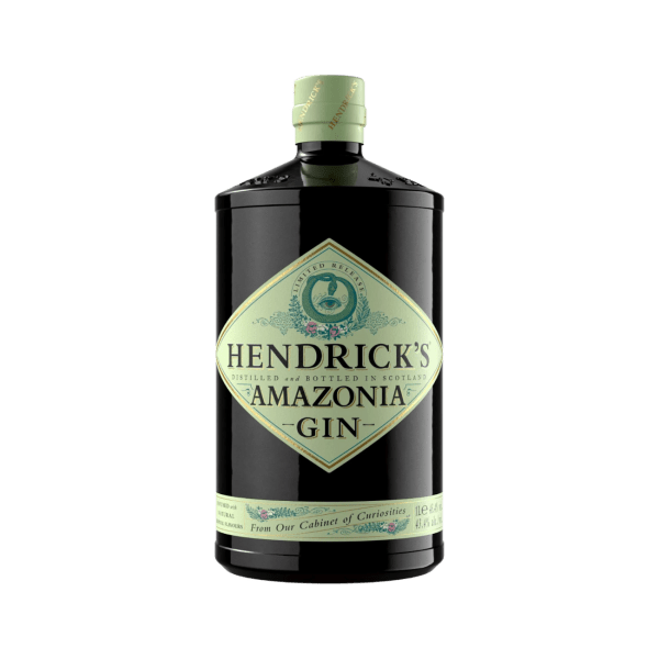 Hendrick's Amazonia Gin bottle with green diamond label and black packaging