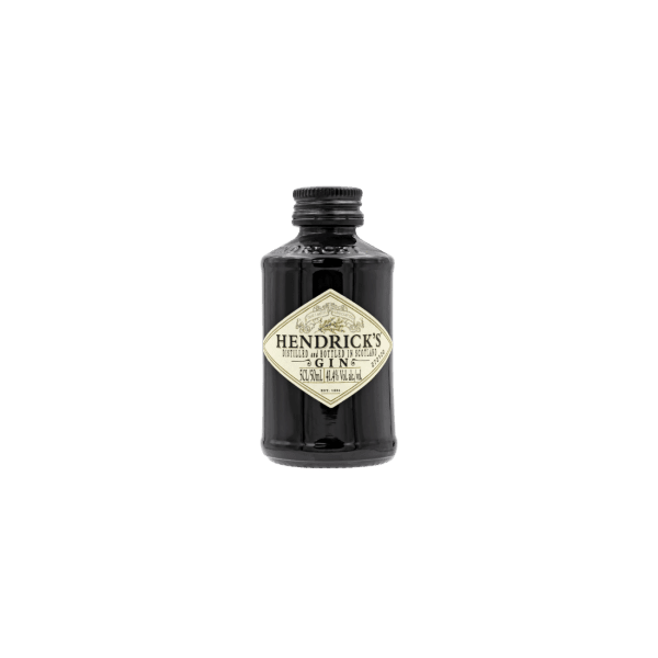 Miniature Hendrick's gin bottle with black label on transparent background