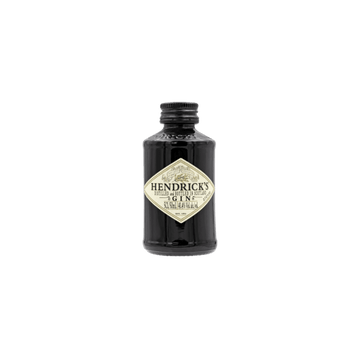 Miniature Hendrick's gin bottle with black label on transparent background