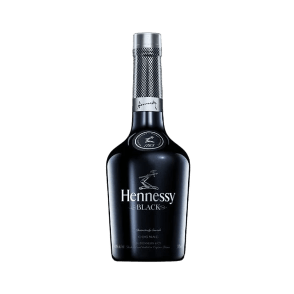 Bottle of Hennessy Black cognac with black and silver design and embossed logo