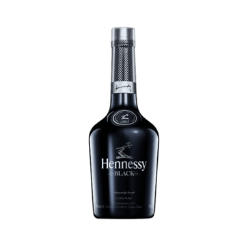 Bottle of Hennessy Black cognac with black and silver design and embossed logo