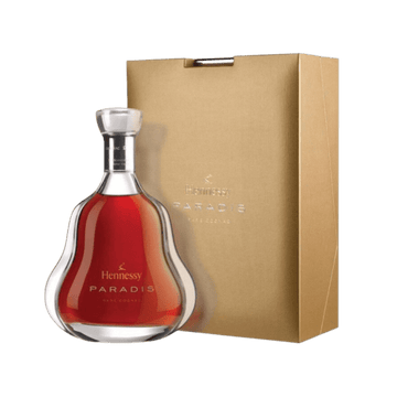 Hennessy Paradis Marc Cognac in a uniquely shaped glass decanter with a gold presentation box