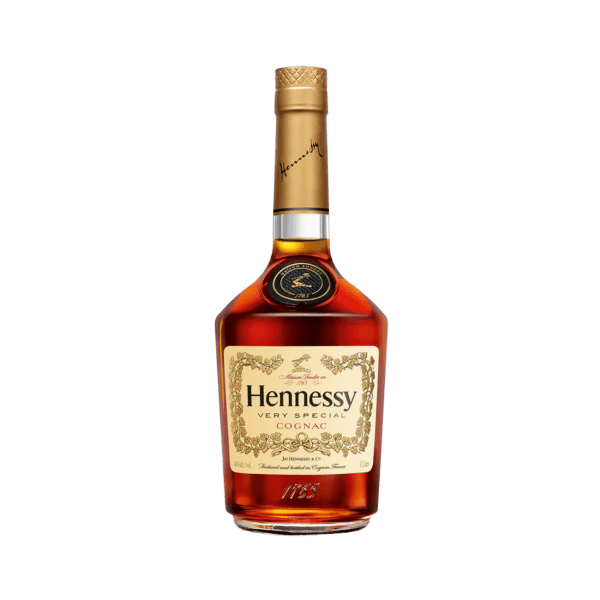 Hennessy Very Special Cognac bottle with gold and cream label on white background