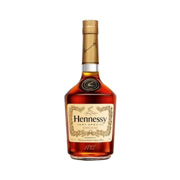 Hennessy Very Special Cognac bottle with gold and cream label on white background