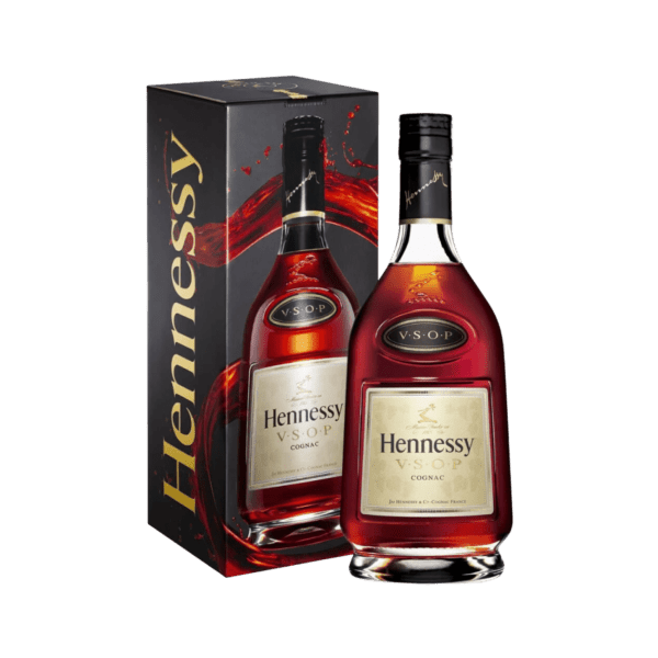 Hennessy VSOP cognac bottle with branded gift box, premium alcoholic beverage