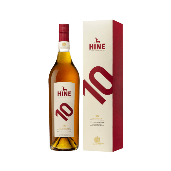 Hine 10 Year XO Cognac bottle with red and white packaging box