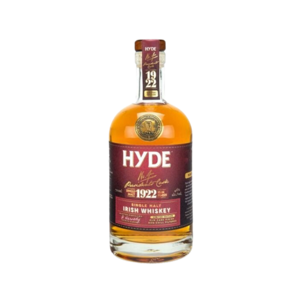 Hyde 1922 Single Malt Irish Whiskey bottle with a red and gold label on white background