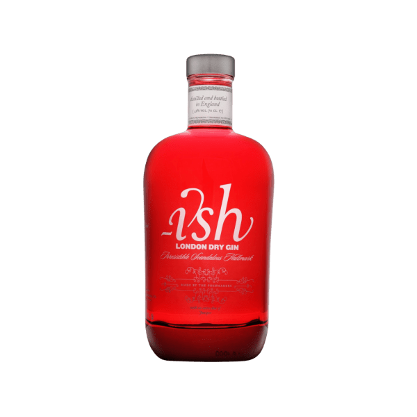 Red bottle of Ish London Dry Gin with silver cap and white text on label